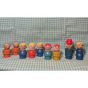 FISHER PRICE LITTLE PEOPLE WOODEN BODY 9 LOT Vntg Farmer Angry Boy Red Head